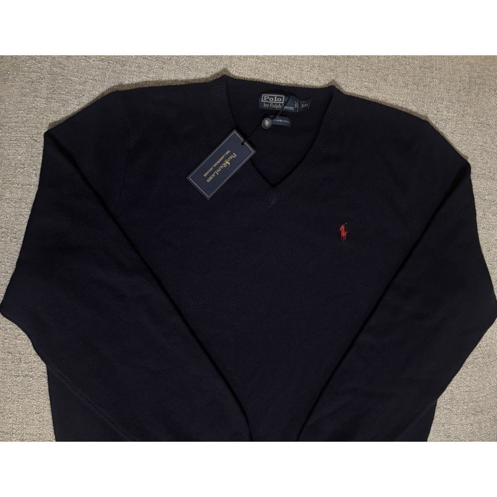 Polo Ralph Lauren Men's Sweater 100% Lambs Wool Navy V-Neck XXL Long Sleeve NWT - Picture 4 of 16